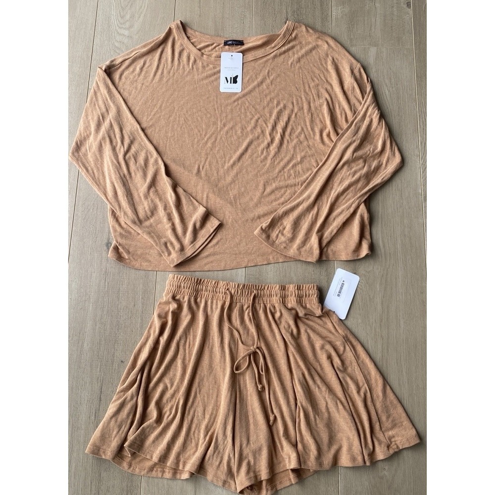 Love Basic Knit Pajama Set Long Sleeve Top (L) & Drawstring Shorts (M) Rust NWT
